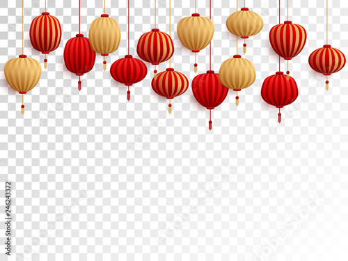 Red and gold chinese lanterns on transparent.