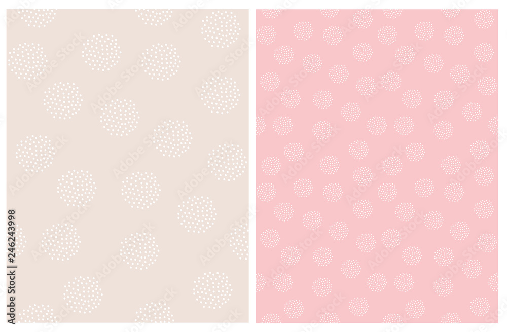 Set of 2 Dots Vector Patterns. White Dots on a Beige Background. White Circles on a Pink Background. Simple Abstract Art. Cute Repeatable Design. Circles Made of Dots.