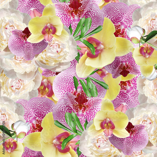 Fototapeta Naklejka Na Ścianę i Meble -  Beautiful floral background of peonies and orchids 