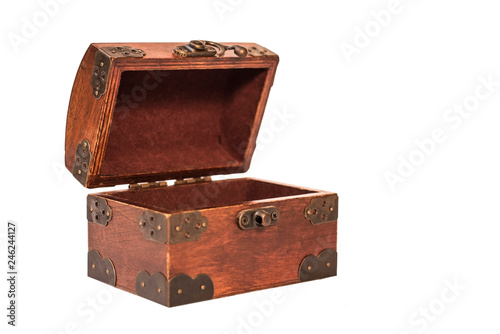 Wooden vintage box for various decorations, money, treasures on a white background. Isolated