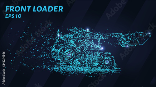 Front loader. A grid of blue stars in the night sky. The front loader consists of points and circles.