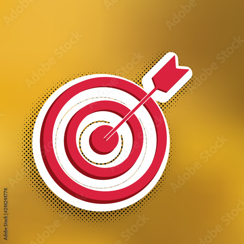 Target with dart. Vector. Magenta icon with darker shadow, white sticker and black popart shadow on golden background. Illustration.