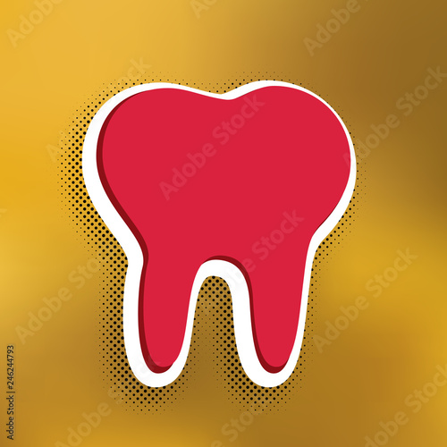 Tooth sign illustration. Vector. Magenta icon with darker shadow, white sticker and black popart shadow on golden background. Illustration.