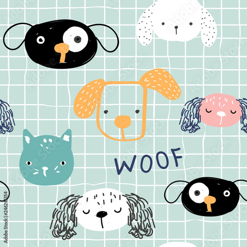 Seamless pattern with funny dogs faces. Cute kids textile print. Vector hand drawn illustration.