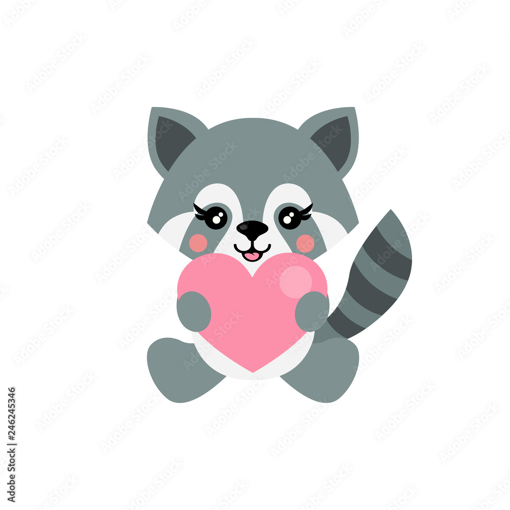 cartoon cute raccoon sits with heart cartoon cute raccoon sits with heart