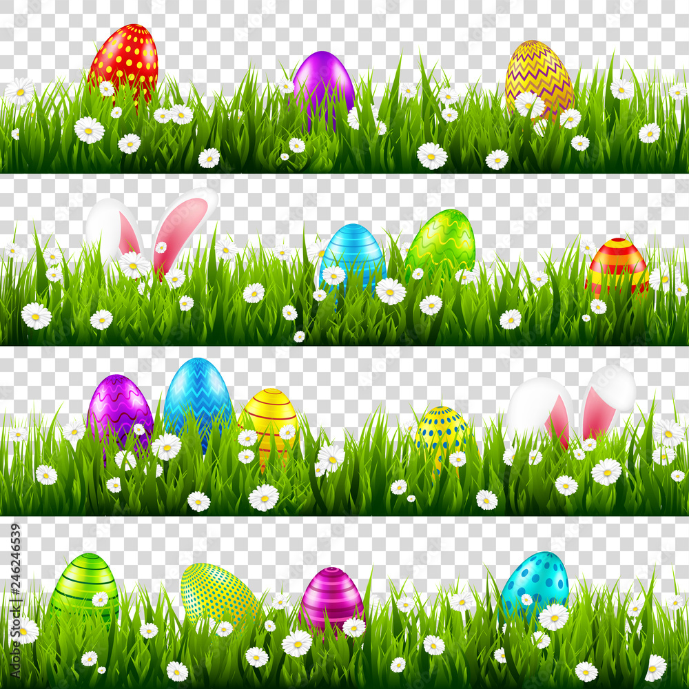 Easter eggs on grass with bunny rabbit ears set. Spring holidays in April. Sunday seasonal celebration with egg hunt.