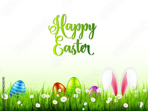 Easter eggs on grass with bunny rabbit ears set. Spring holidays in April. Sunday seasonal celebration with egg hunt.
