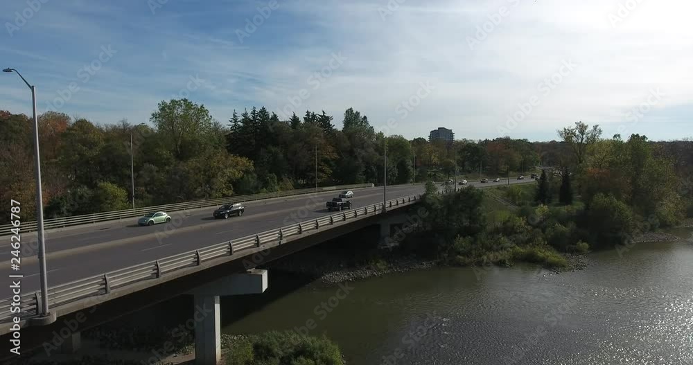 Bridge Aerial View With Bridge And Cars Over River Bridge Aerial View With Bridge And Cars Over River