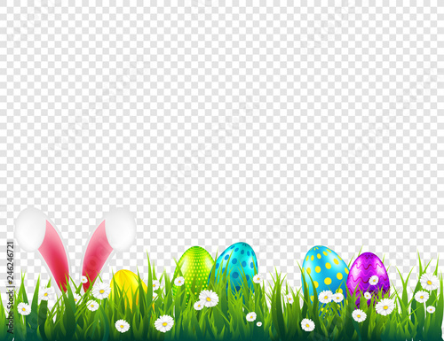 Easter eggs on grass with bunny rabbit ears set. Spring holidays in April. Sunday seasonal celebration with egg hunt.