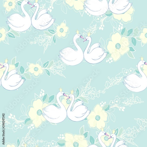Seamless pattern with white swans. White swans on pink background. Vector illustration.