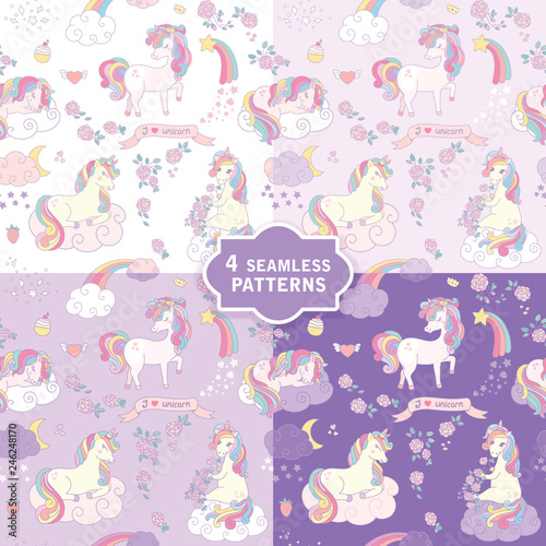 Fototapeta Naklejka Na Ścianę i Meble -  Hand drawn seamless vector pattern with cute unicorns in 4 colors.
