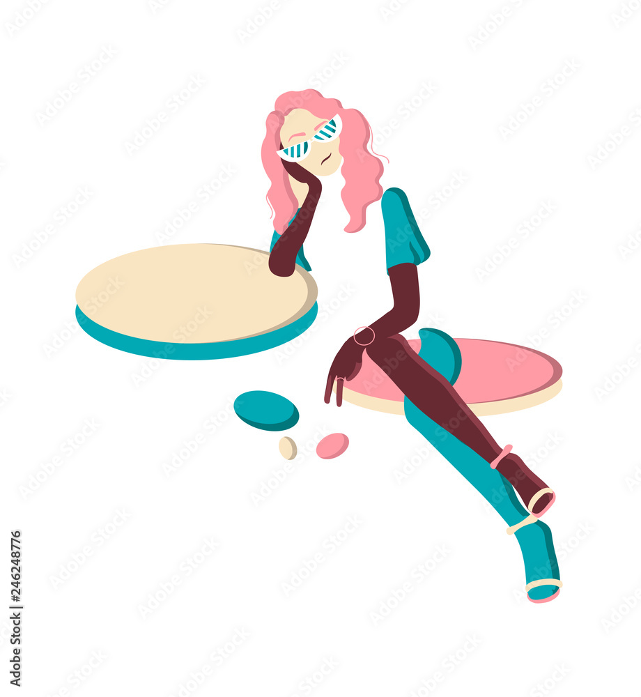 Girl with sunglasses. Female character sitting at the table. Coffee time in cafe. Vector flat illustration