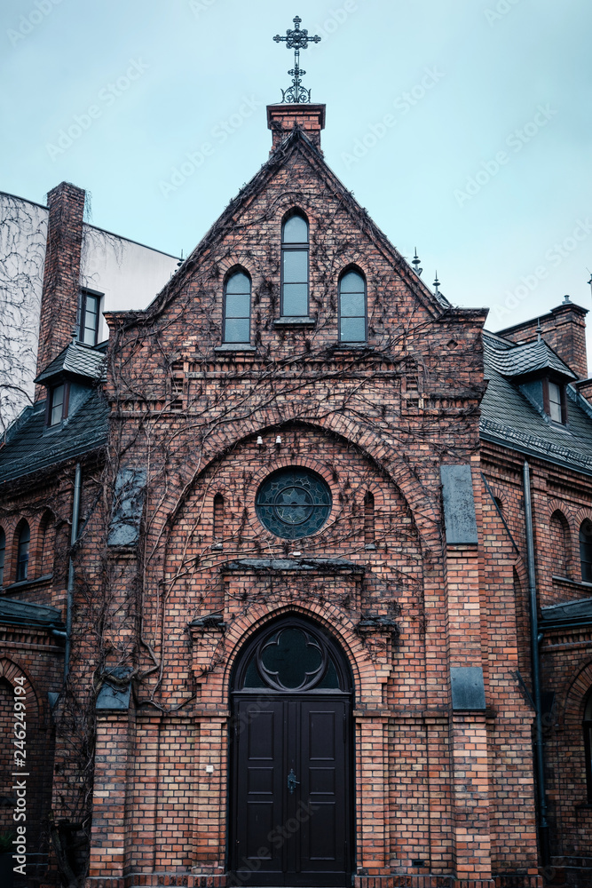 old church building front facade, gothic architecture