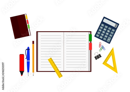 Set of office items: copybook with pen and pencil, calculator, rulers