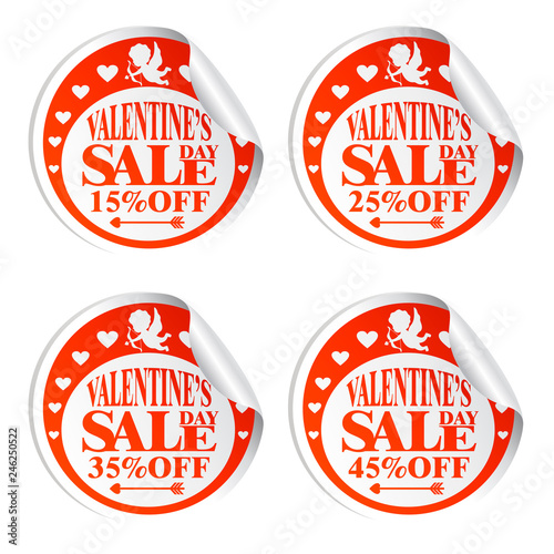 Valentine's Day sale stickers with Cupid 15,25,35,45 percent off