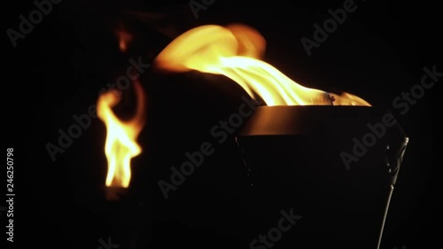 Two tiki torches burning outside at night photo