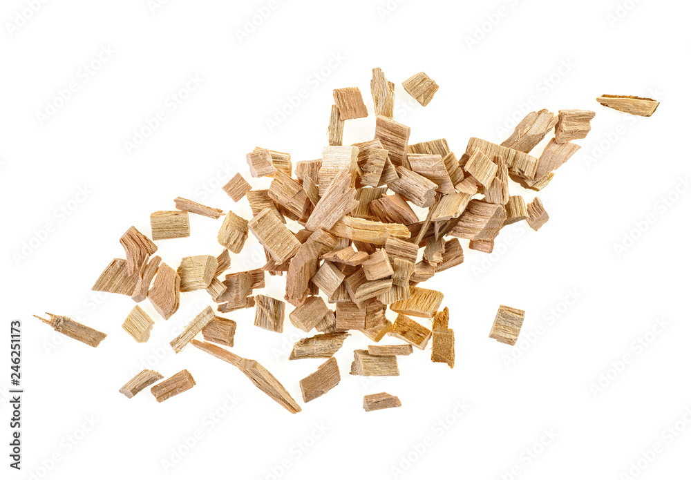 Foto de Pile of wood smoking chips isolated on white background, top