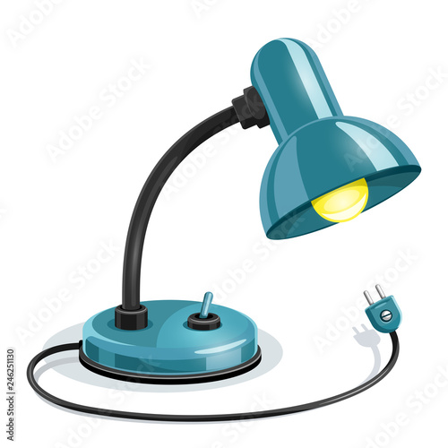 Blue table lamp with black element and yellow light bulb. Isolated on white background. Eps10 vector illustration.
