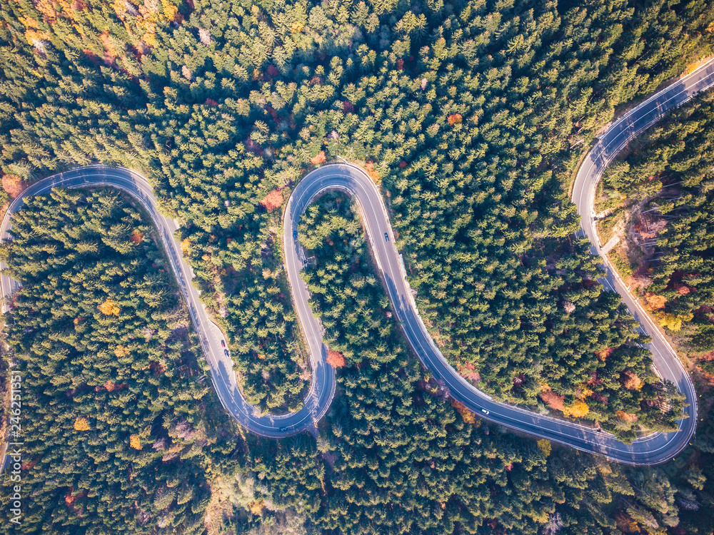 Top view of a curved road from high mountain pass, in autumn season, with orange forest. Aerial view by drone. Romania	