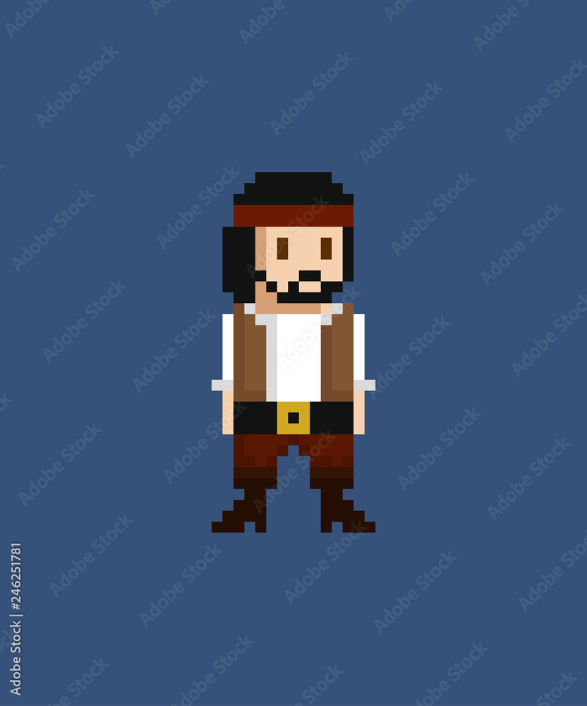 Pixel art vector illustration - 8 bit pirate crew member in white skirt and brown vest Pixel art vector illustration - 8 bit pirate crew member in white skirt and brown vest