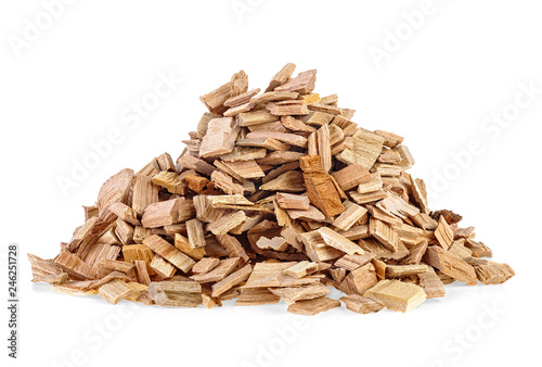 Pile of wood smoking chips isolated on white background photo