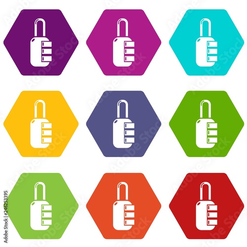 Lock combination icons 9 set coloful isolated on white for web