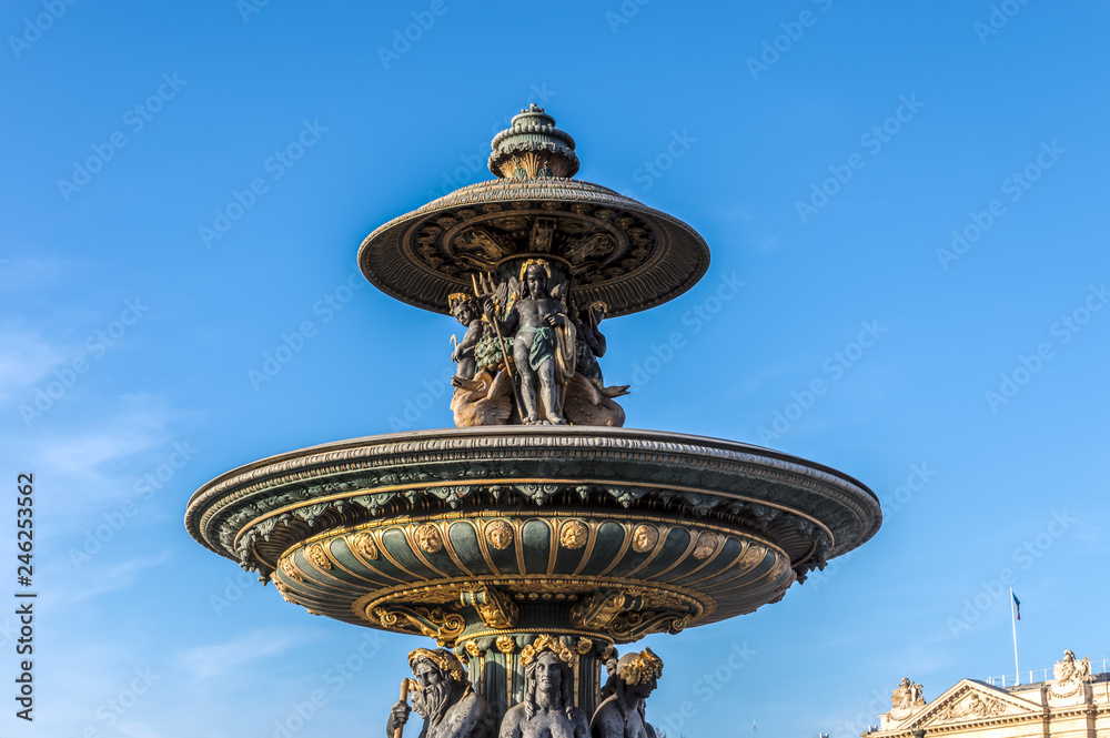 Close-up on Famous Fountain of River Commerce and Navigation on the Place de la Concorde - Paris, France
