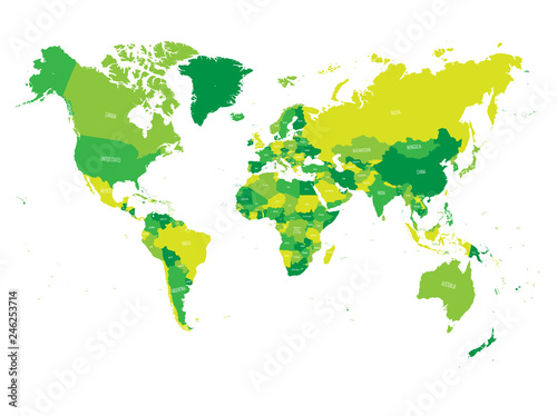 World map in four shades of green on white background. High detail political map with country names. Vector illustration