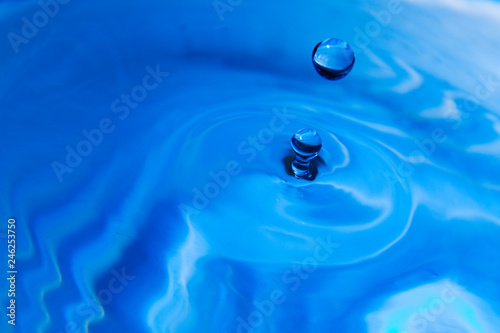 The blue waterdrop falls into the blue water with dispersing circles close up
