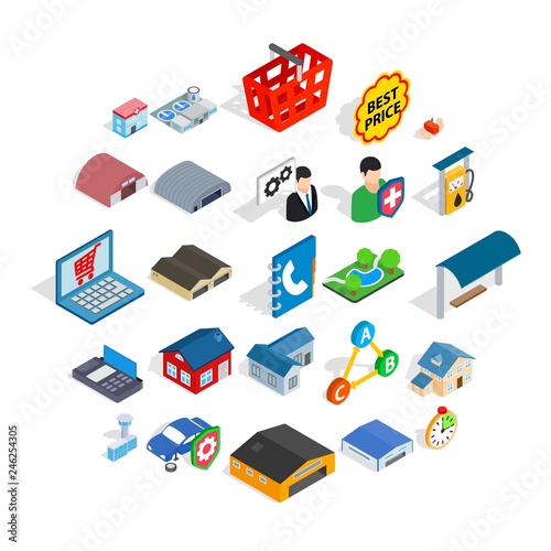 Shed icons set. Isometric set of 25 shed vector icons for web isolated on white background