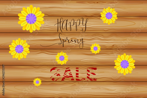 Signature happy spring sale, banner template. Spring white and yellow flowers on a wooden background of logs