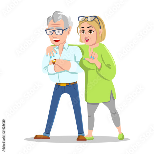 Meeting old friends. Group of cheerful senior people hipsters gathering and having fun. Concept happy family. Fashion grandfather and grandmother. Happy pensioners at retirement on white background.