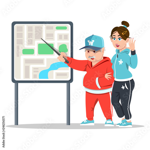 Senior couple traveling. Concept happy family. Grandparents. Elderly couple having city sightseeing tour. Old tourists reading a map. Happy pensioners at retirement on white background.