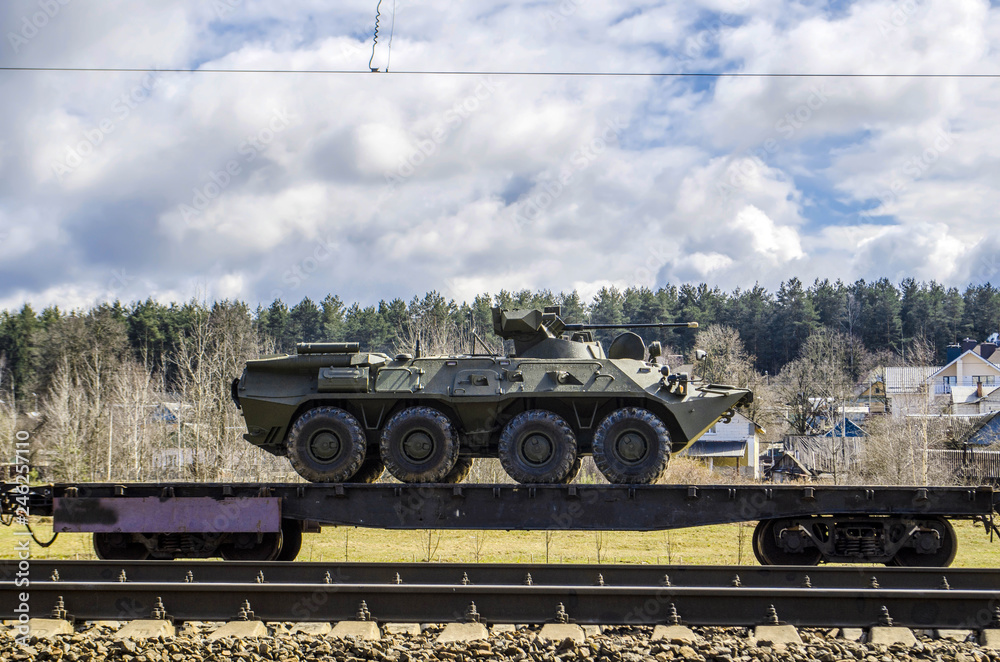 Russian military equipment loaded onto a cargo railway platform Russian military equipment loaded onto a cargo railway platform