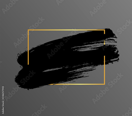 Black vector brush stroke with golden frame. Square frame or background for text.