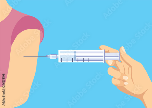 Doctors hand injects the vaccine into the patients shoulder. Template for healthcare, hospital and medical treatment. Vector illustration in flat style