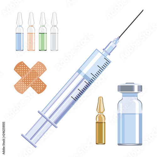 Set of medical supplies for vaccination, injections isolated on white background. ?lastic medical syringe with needle, vial, plaster and colored ampoules. Vector image.