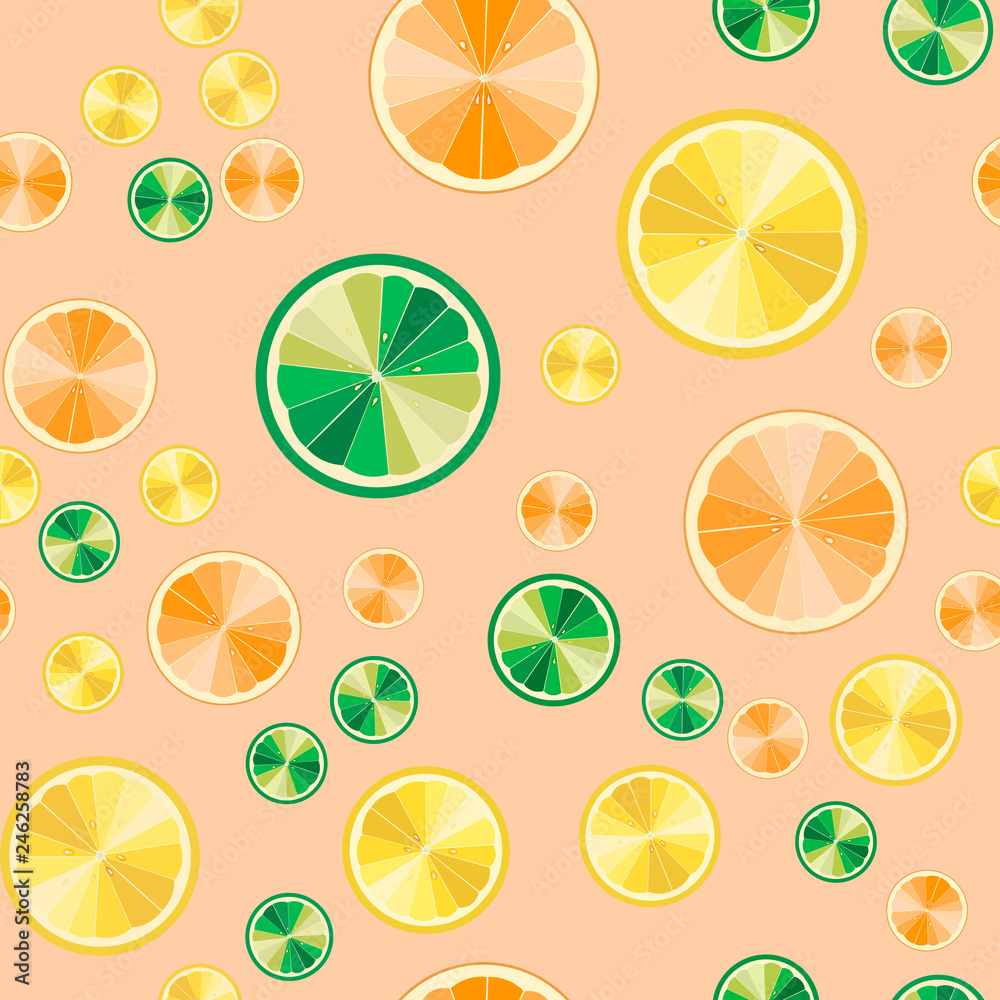 Citrus fruits seamless pattern. Slices of lemon, orange and lime. Vector illustration