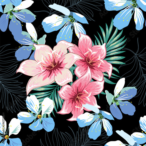 Seamless pattern of a tropical palm tree, jungle leaves and flowers. Hand drawing. Vector floral pattern.