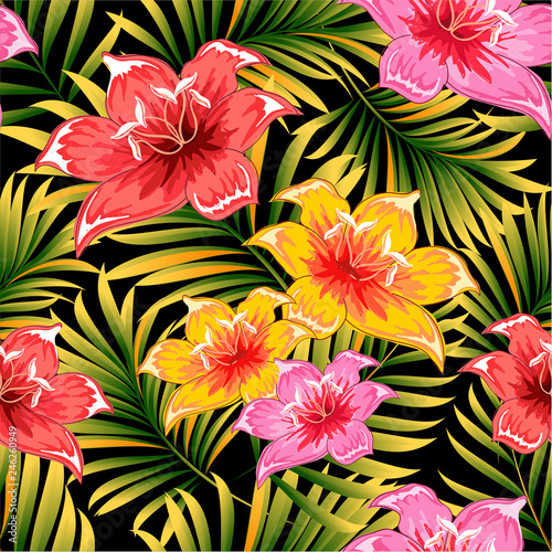 Fototapeta Naklejka Na Ścianę i Meble -  Seamless pattern of a tropical palm tree, jungle leaves and flowers. Hand drawing. Vector floral pattern.