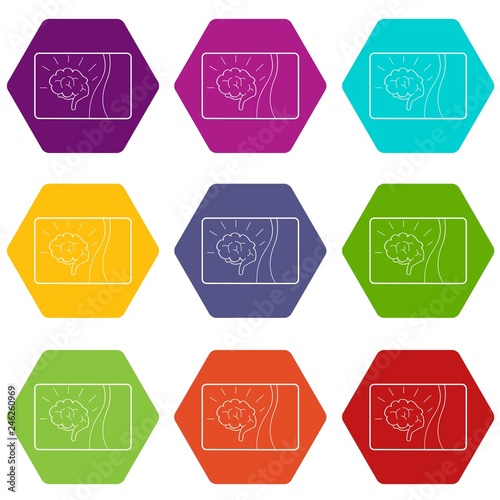 Medical card of brain icons 9 set coloful isolated on white for web