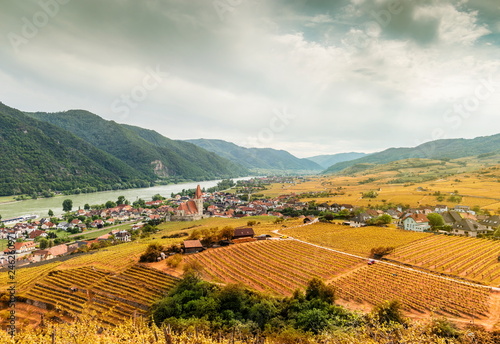 Autumn in Weissenkirchen and vineyards on a sunny day. Wachau. Austria.