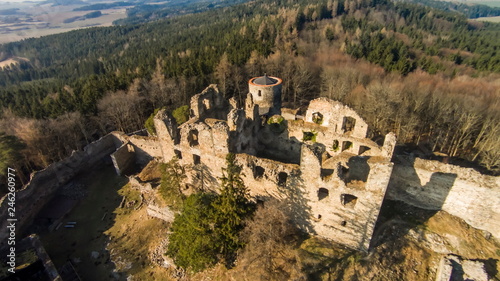 The ruins of the old castle Helfenburk aerial view.