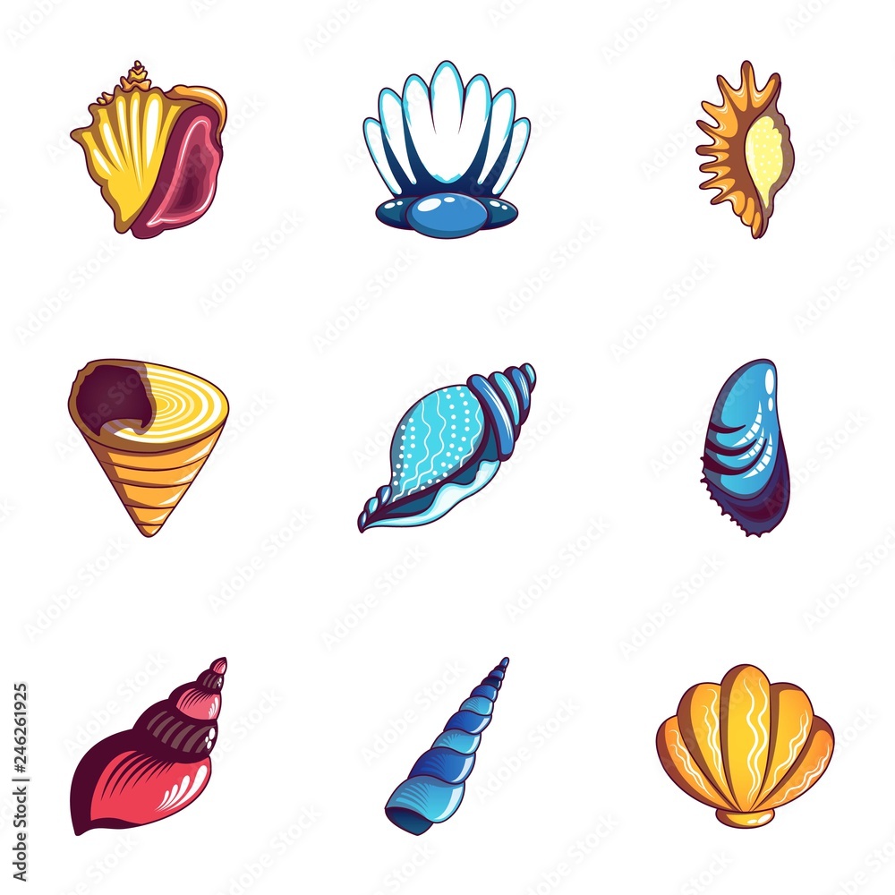 Mussel icons set. Cartoon set of 9 mussel vector icons for web isolated on white background