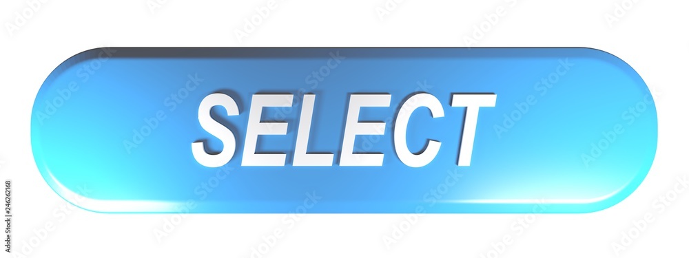 Blue rounded rectangle push button SELECT - 3D rendering illustration Blue rounded rectangle push button SELECT - 3D rendering illustration