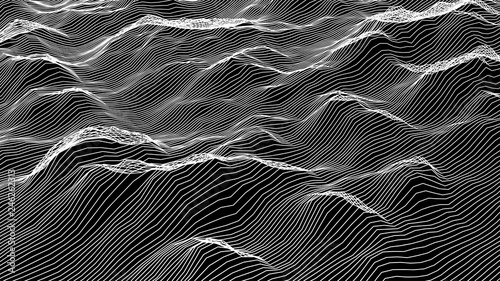 Futuristic wireframe landscape background. Vector digital illustration from wave white lines. Geometric abstraction.