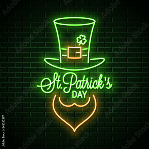 Patricks day neon banner. Neon leprechaun green