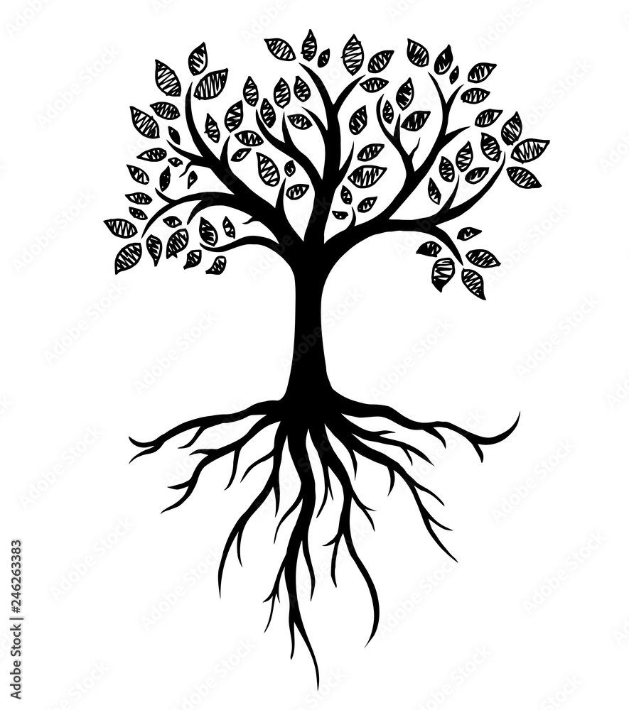 Fototapeta premium Tree symbol with roots, real hand drawing. Vector Illustration