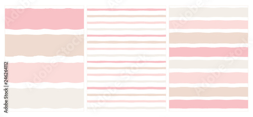 Set of 3 Hand Drawn Irregular Geometric Vector Patterns. Horizontal Pink and Beige Stripes on a White Background. Infantile Style Abstract Graphic. Cute Repeatable Design.