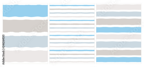 Set of 3 Hand Drawn Irregular Geometric Vector Patterns. Horizontal Blue ang Gray Stripes on a White Background. Infantile Style Abstract Graphic. Cute Repeatable Design.